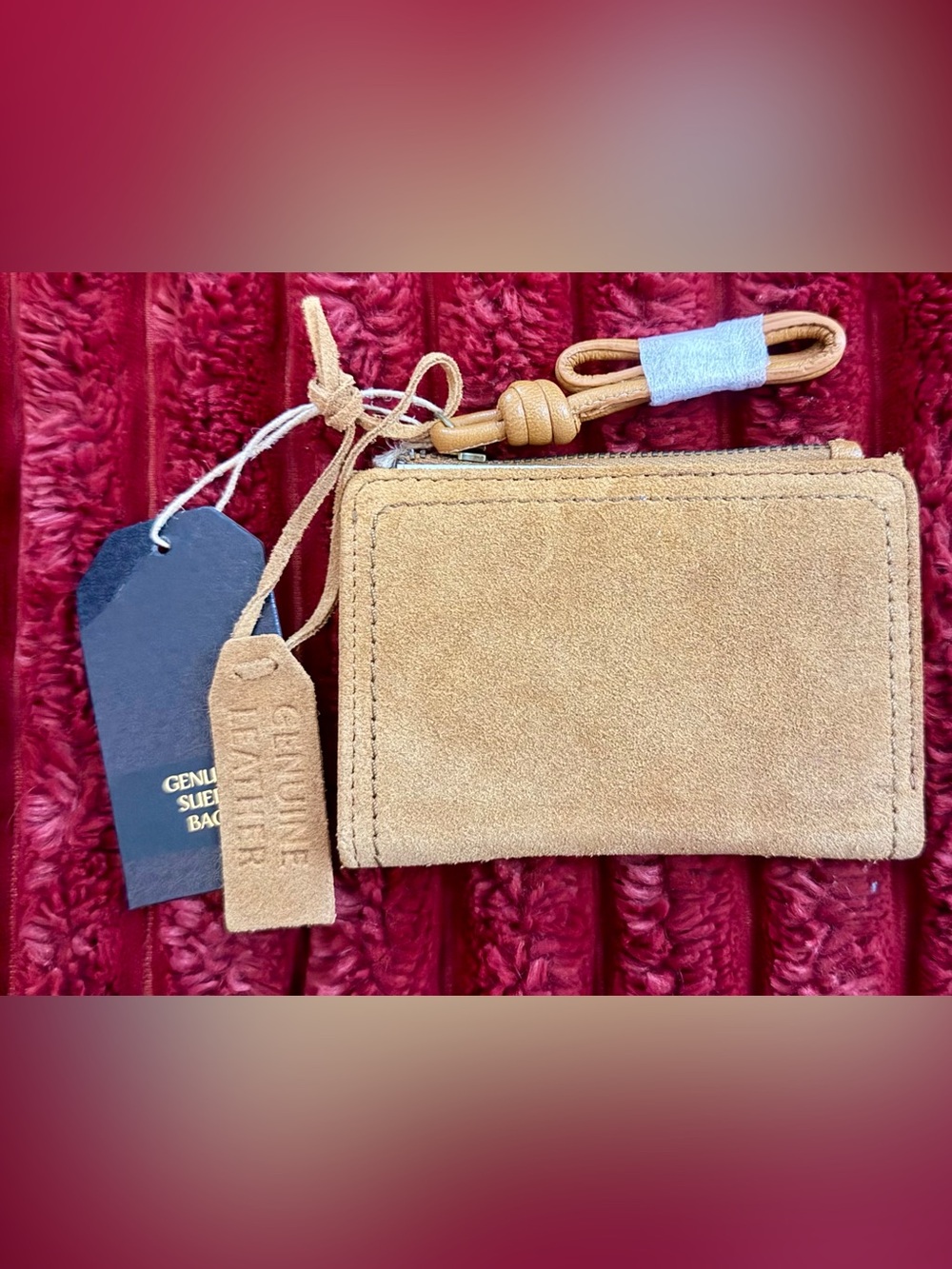 Genuine Suede Tan Wristlet Clutch with Knotted Strap